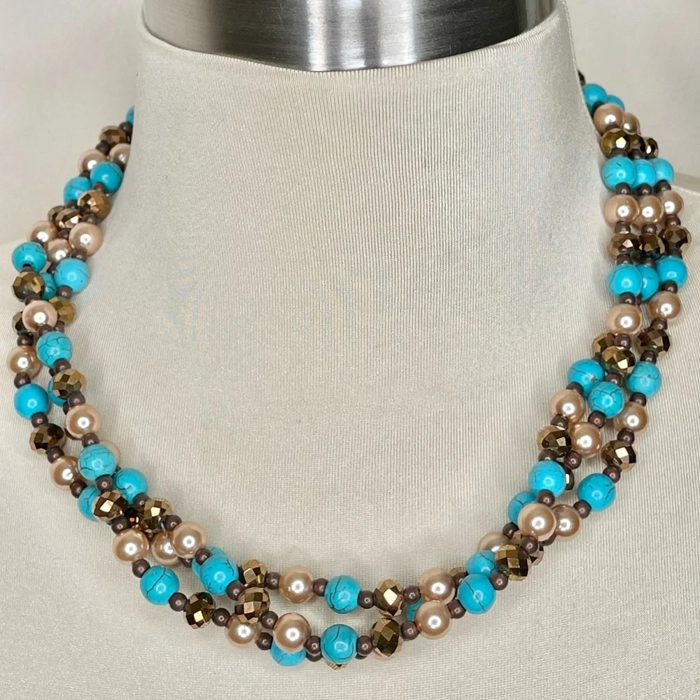 Turquoise Beaded Bronze Triple Stand Necklace - Picture 1 of 8